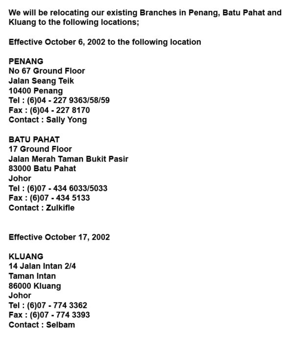 Relocation of Branches at Penang, Batu Pahat and Kluang GDEX