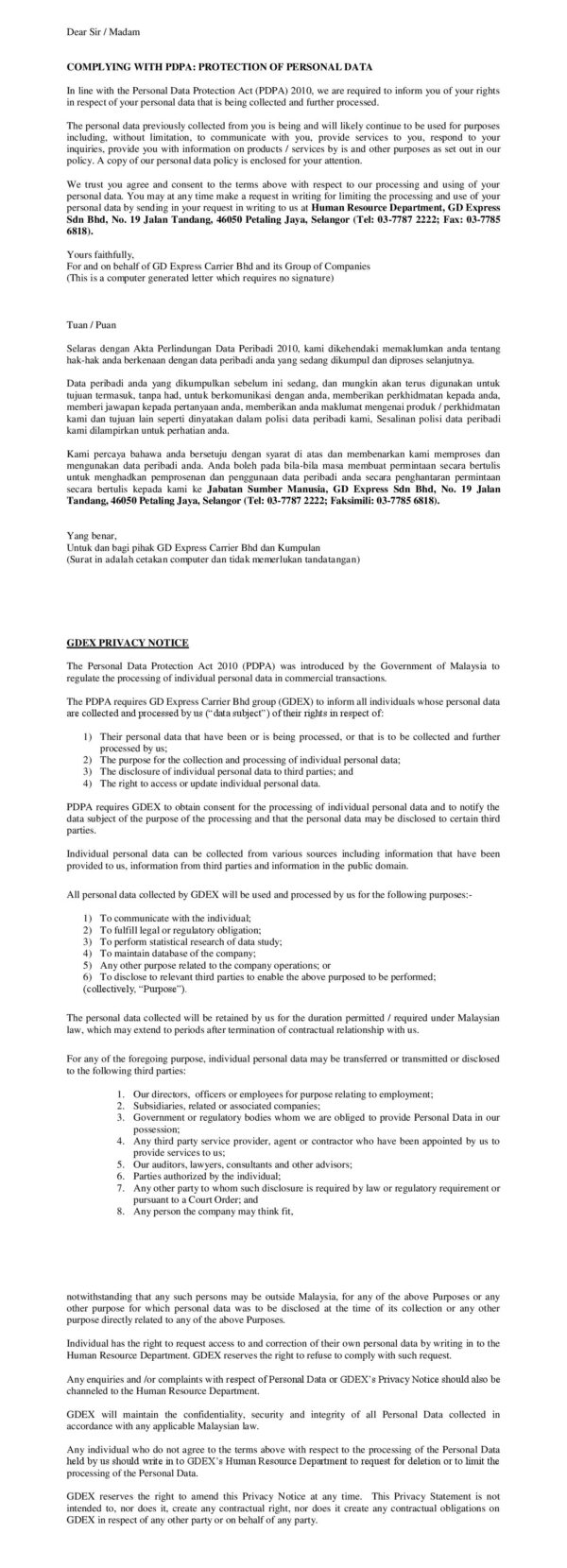 The Personal Data Protection Act 2010 (PDPA) GDEX